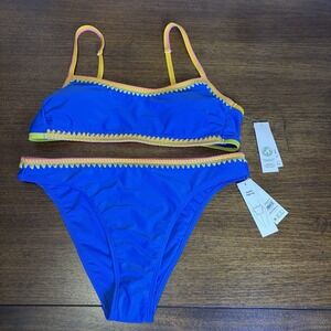 Woman's Cobalt Crush Bikini Bathing Suit Size L 12/14 Blue Cheeky High Leg